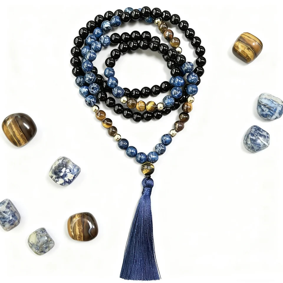 8mm Tiger Eye Stone Black Onyx 108 Mala Beads Necklace Meditation Prayer Rosary for Men and Women 260402