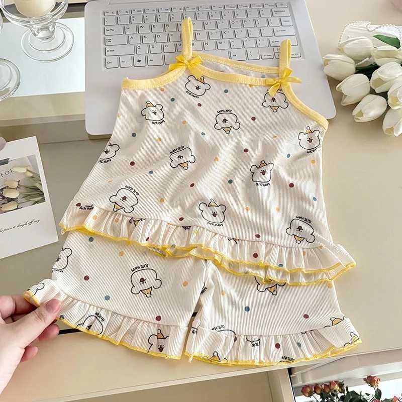 New Summer Kids Homewear Set 1-7T Sweet Floral Girls Camisole Shorts Cartoon Bear Children Household Clothes H260403