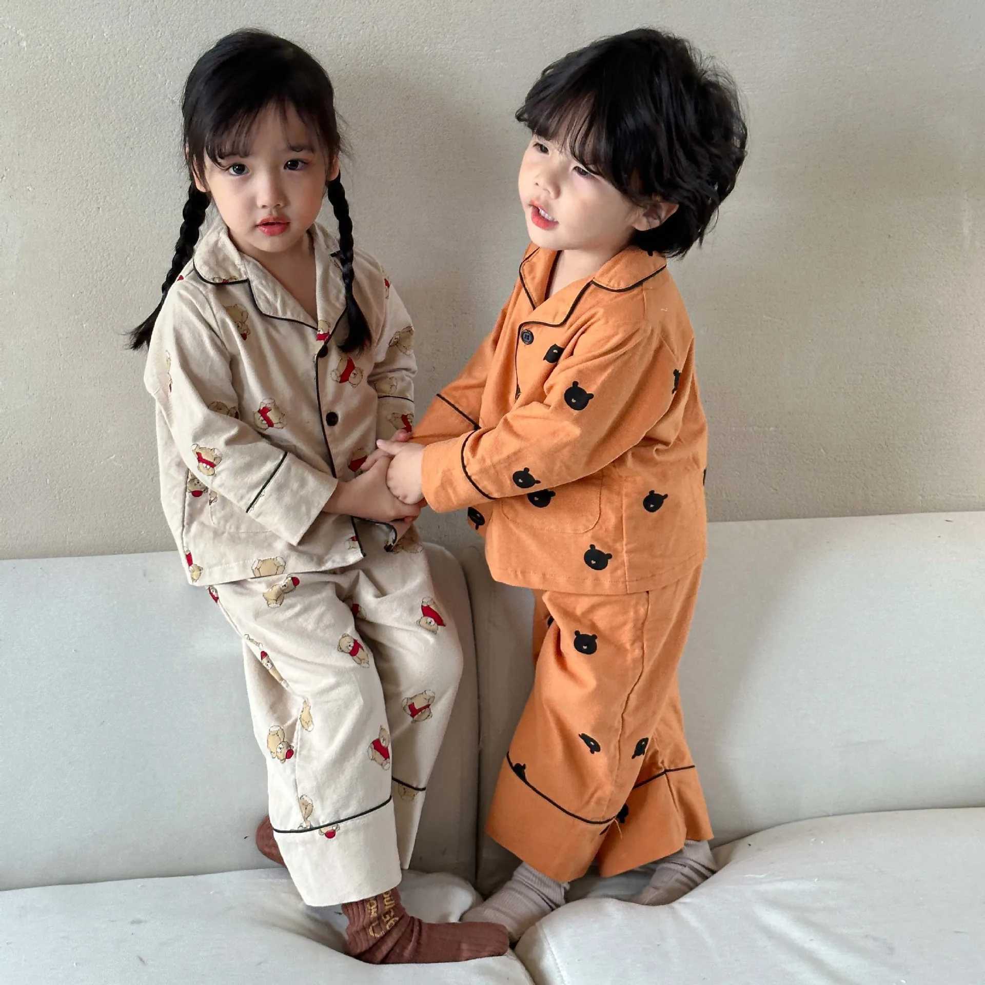2024 New Kids Boys Girls Pajama Sets Cartoon Print Long Sleeve Cute T-Shirt Tops with Pants Toddler Baby Autumn Sleeping Clothes H260403
