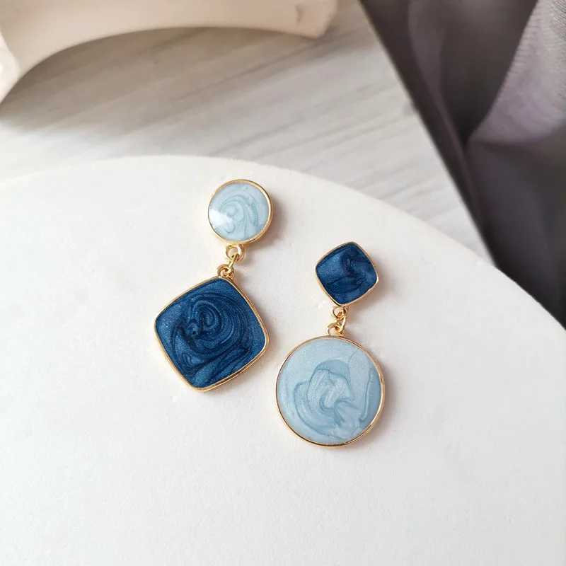 French Elegant Blue Asymmetrical Geometric Earrings Women Simple Fashion Jewelry For Party and Daily Wearing H260403