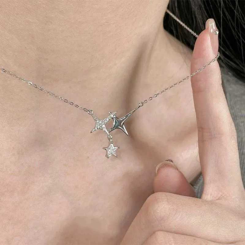 Fashion Sliver Color Four-Pointed Star Pendant Necklaces for Women Egirl Simple Crystal Star Clavicle Chain Necklace Jewelry Y2K H260403