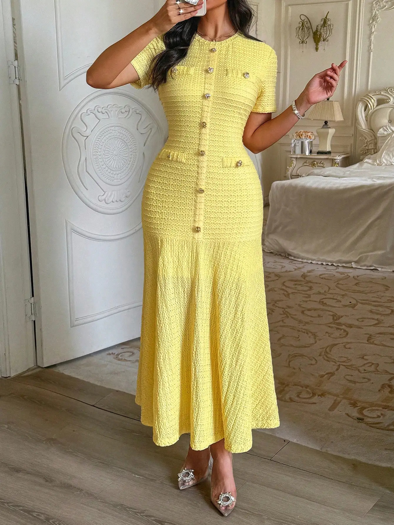 Yellow Textured Knit Midi Dress with Front Buttons and Faux Pockets 260403