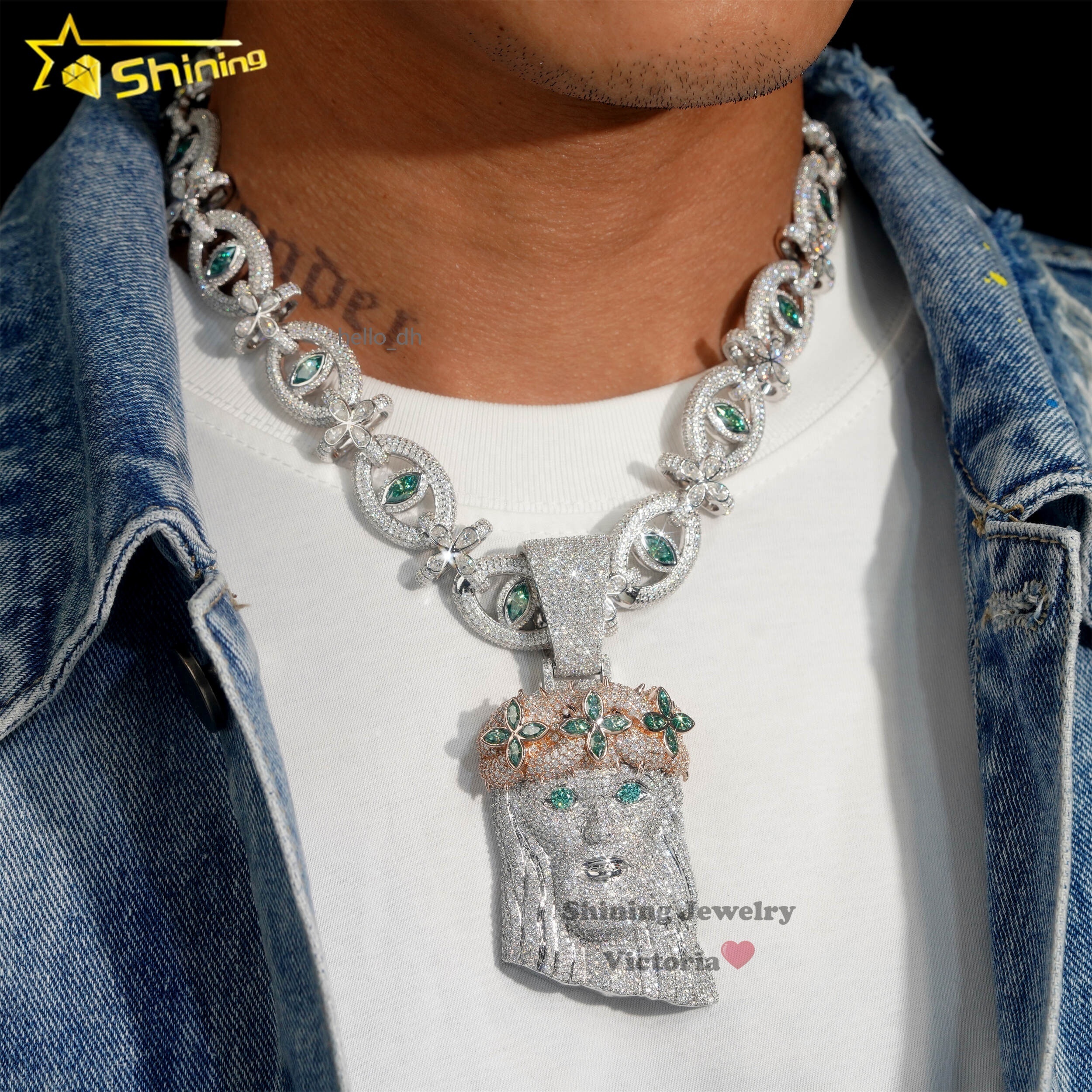 Custom Religion Hip Hop Jewelry 925 Sterling Silver Soild Vvs Green Moissanite Diamond Jesus Pendant Iced Out Enamel for Men