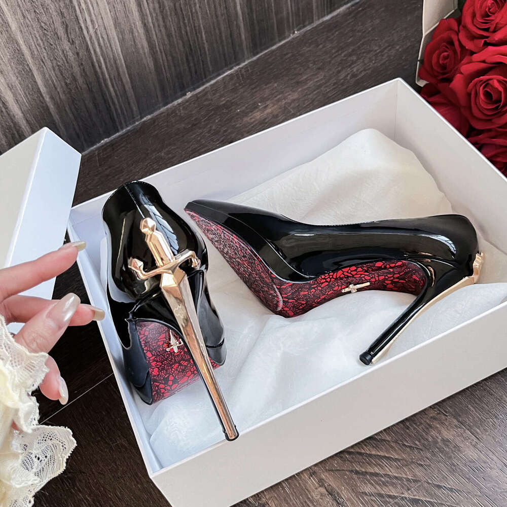 2026 new waterproof platform gold sharp stiletto pointed toe red sole high heels, mature lady style black women's thick-soled shoes