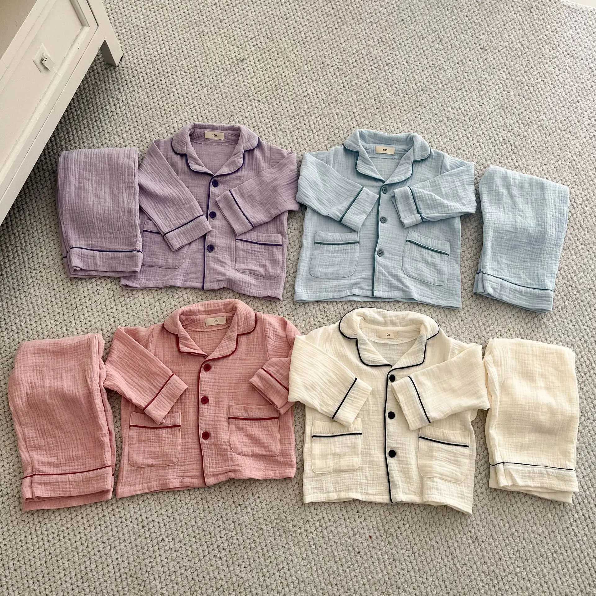 2025 New Childrens Cotton Pajamas Set Soft Loose Boys Girls Clothing Turn-down Collar Button Shirt Trousers 2 Pcs Suit Pijamas H260403