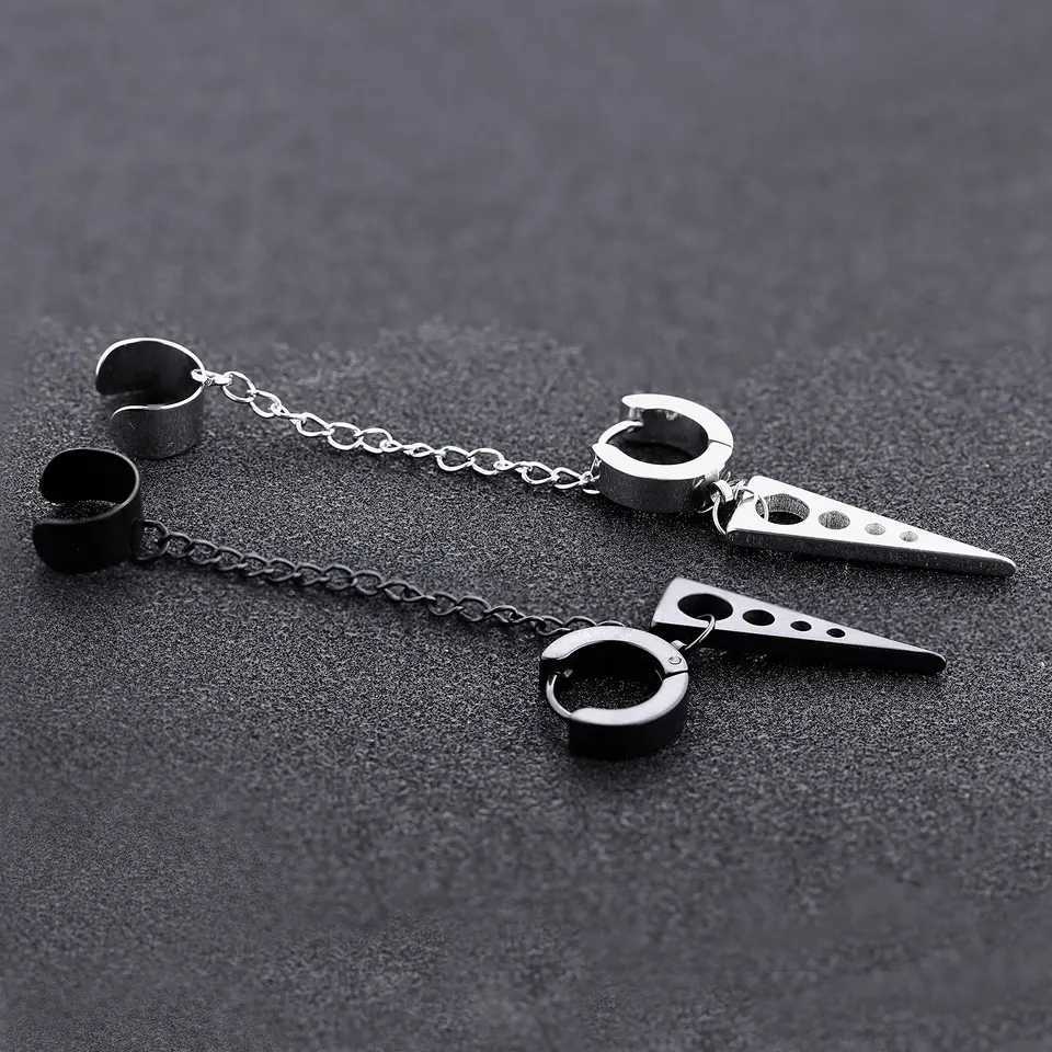 2pcs Unisex Stainless Steel Punk Men Clip on Earrings Geometry Triangle Chain Pendant Dangle Hoop Earrings Women Gothic Jewelry H260403