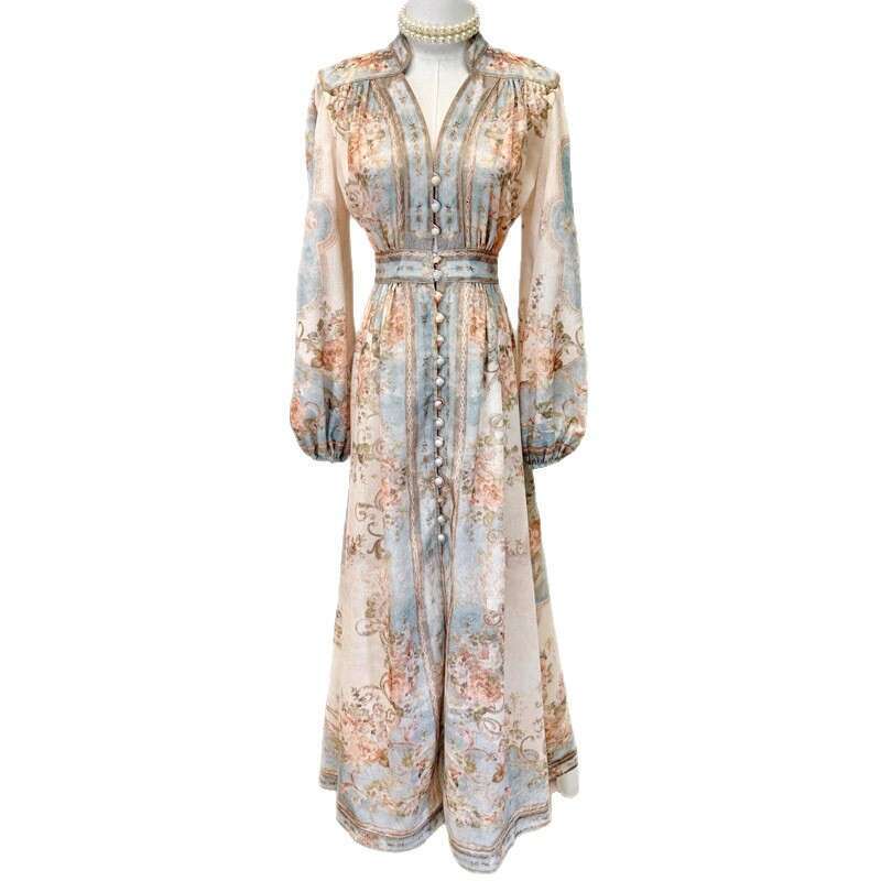 Designer k30 elegant printed long sleeved dress with small stand up collar, bubble sleeves, waist cinching, cotton and linen dress