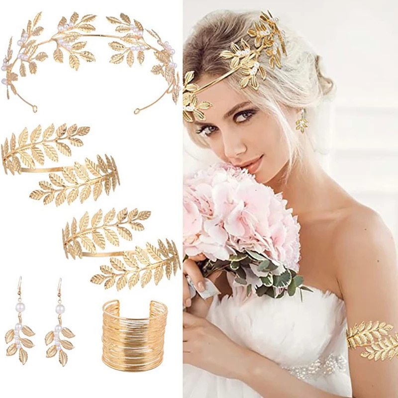 Jardme Retro Golden leaves Jewelry Set for Women Greek Goddess Adjustable Headwear Bracelet Set Baroque Style Jewelry 260318BJ