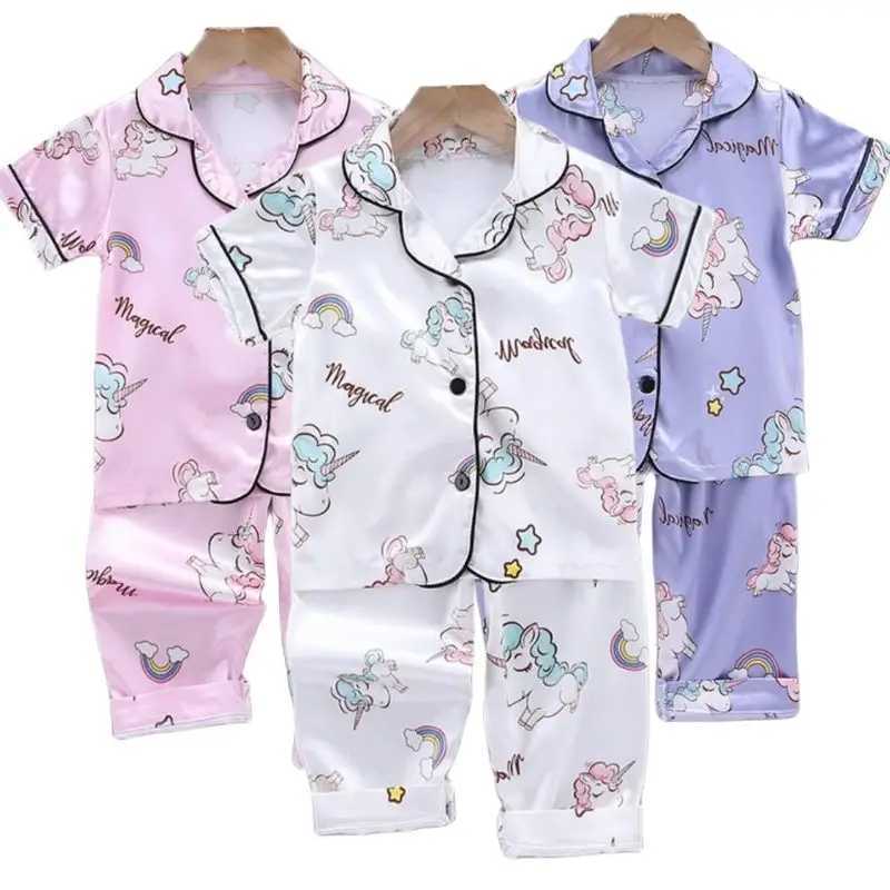 Girls Pajamas Pants Set Summer Air-Conditioned Clothing Toddler Boys Lce Silk Satin Cartoon Unicorn Nightgown 2pcs Outfit H260403
