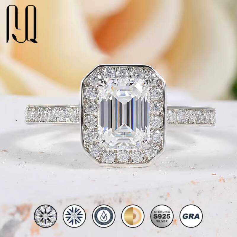 135 Ct Emerald Cut Halo Moissanite Ring S925 Silver Platinum Plated Fine Womens Fashion Jewelry