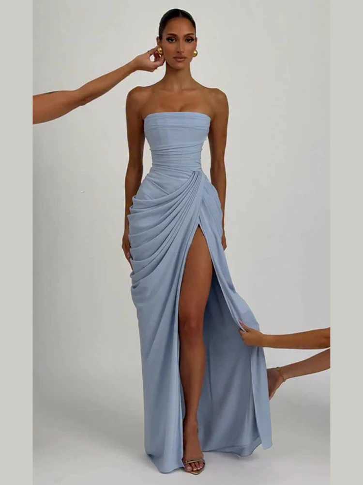 Sexy Solid Pleated Strapless Dress Lady Chic Off-shoulder Backless High Waist Split Dresses Women 2026 New Evening Party Gown H260402
