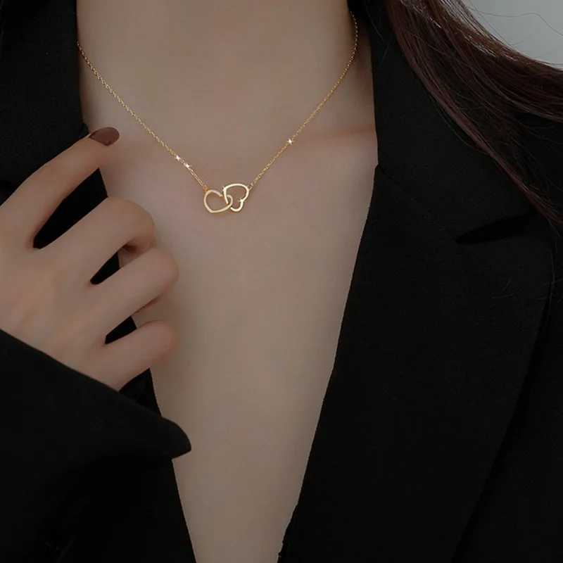 2024 Double Heart Pendant Necklace for Women Couple Choker Gold Silver Color Chain Wedding Party Friends Jewelry Gift H260403