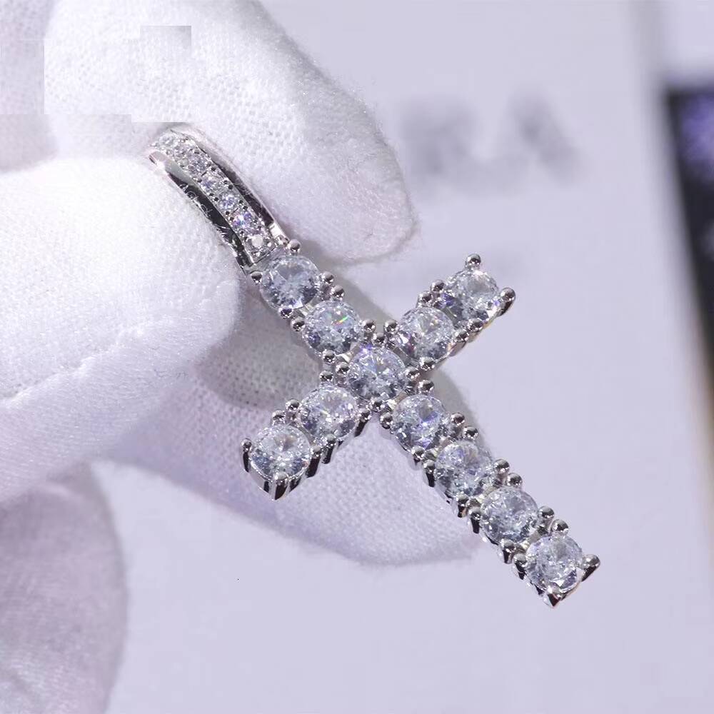 Moissanite Cross Pendant White Gold Tone Iced Out Round Stone Hip Hop Luxury Statement Necklace for Men
