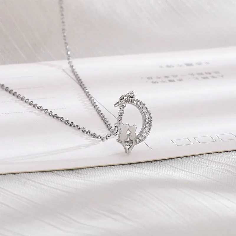 Sparkling Moon Cats Pendant Choker Necklace for Women Zircons Silver Plated Jewelry Gift for Ladies And Girls H260403