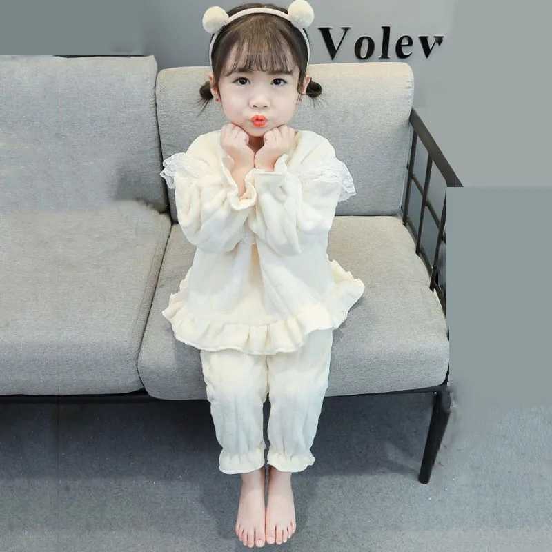 Cute Sweet Style Girls Pajamas Set Childrens Thickened Warm Long-sleeved Home Clothes Baby Girl Solid Color Pullover Pajamas H260403