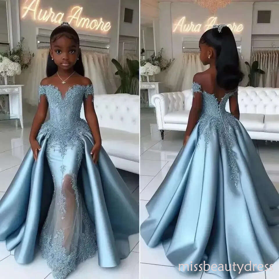 Customized 2026 Elegant Blue Satin Princess Flower Girls Dresses 2026 Off Shoulder With Overskirt Train Pageant Evening Gowns ZD10 ZD10