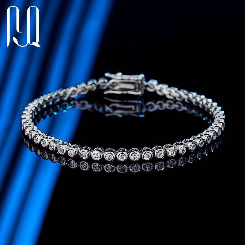PYQ 2mm Bezel-Set VVS Moissanite Tennis Bracelet Chain with 18K Gold Plated Women 925 Sterling Silver Moissanite Tennis Bracelet