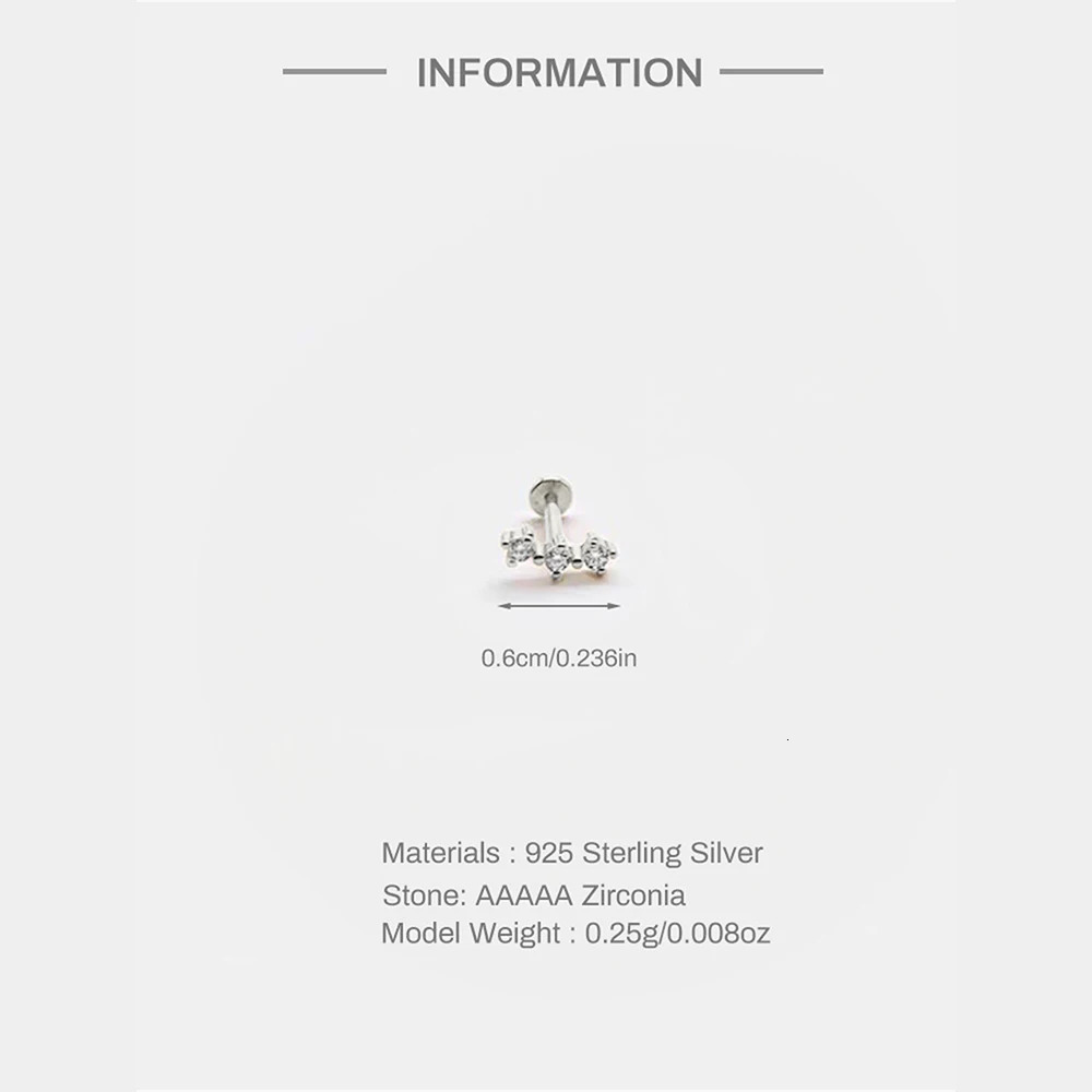 CANNER 1PC Mini 3 CZ Thread Flat Head Ear Bone Puncture Earring For Women Gold Ins Minimalism Classic Fine Jewelry Gift 260403