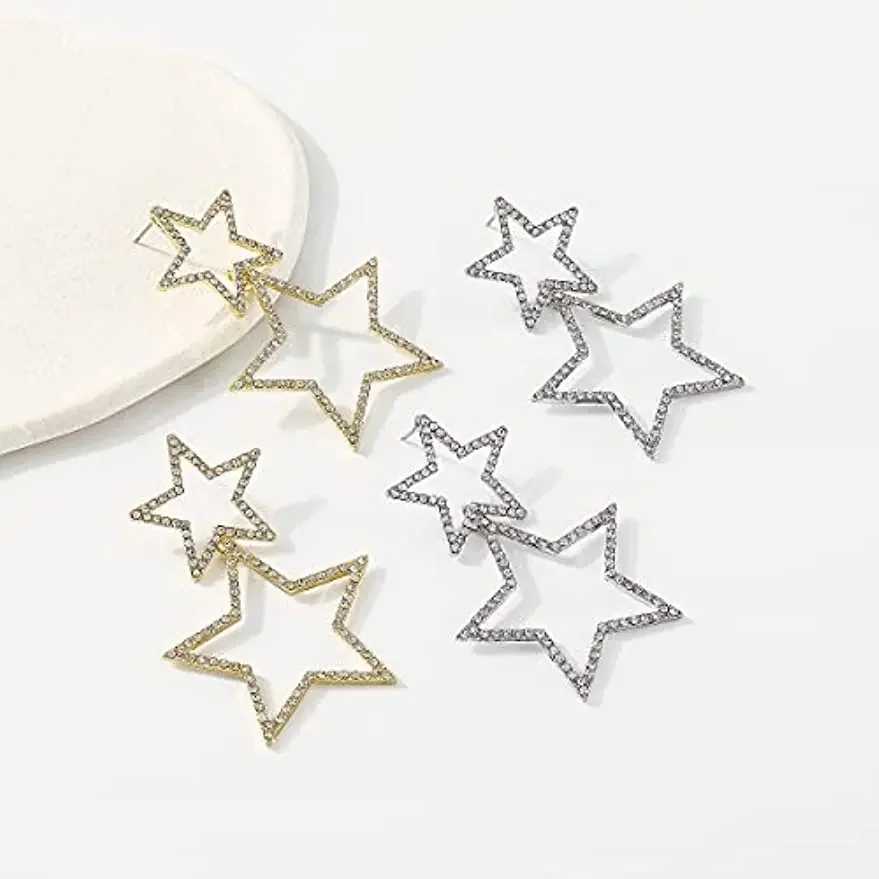 Star Earrings for Women Dangling Siver Color Rhinestone Big Star Earrings Dangle Gold Sparkle Star Drop Earrings Fashion Jewelry H260403