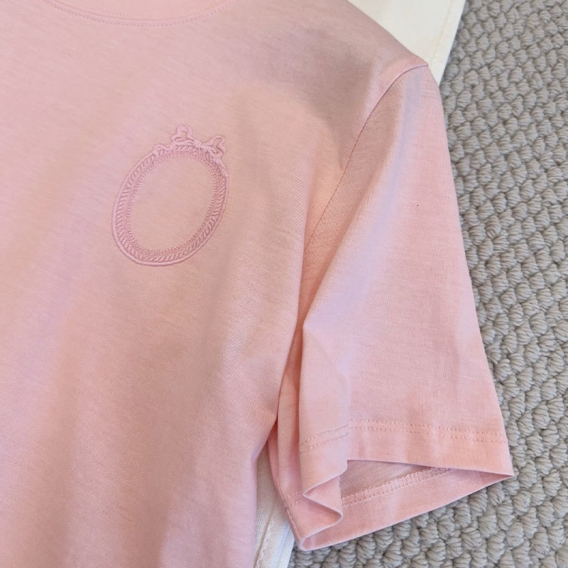 Ladies Spring Summer New Cotton T-shirt Designer Vintage Luxury Crewneck Embroidered Top Blue Pink Classic Runway Oversized Chic Casual Wear For Women