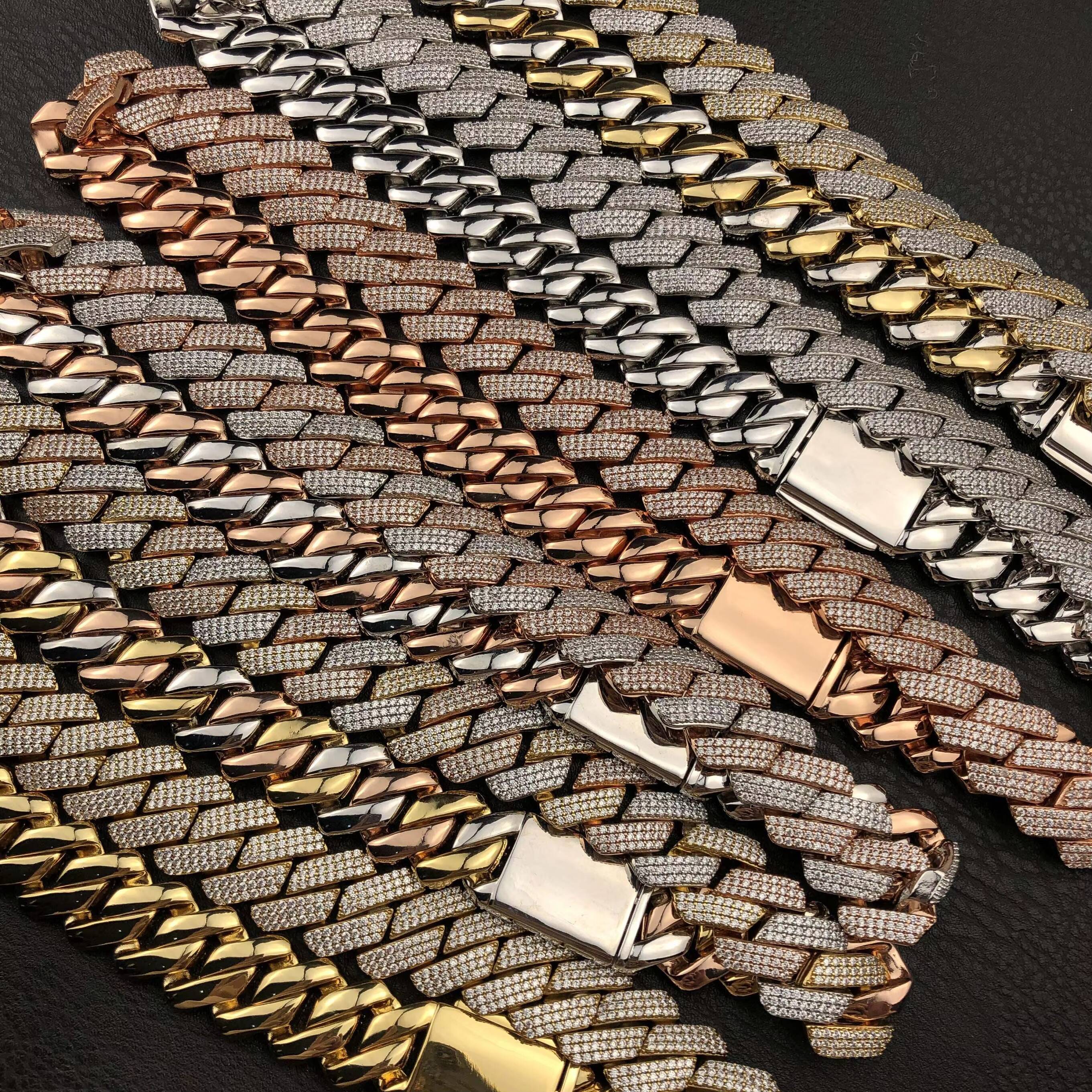 Most Trending Miami Hip Hop Fashion High Quality Moissanite Diamond Necklace Silver Gold Rose Gold Cuban Chain Cut Gold Plated