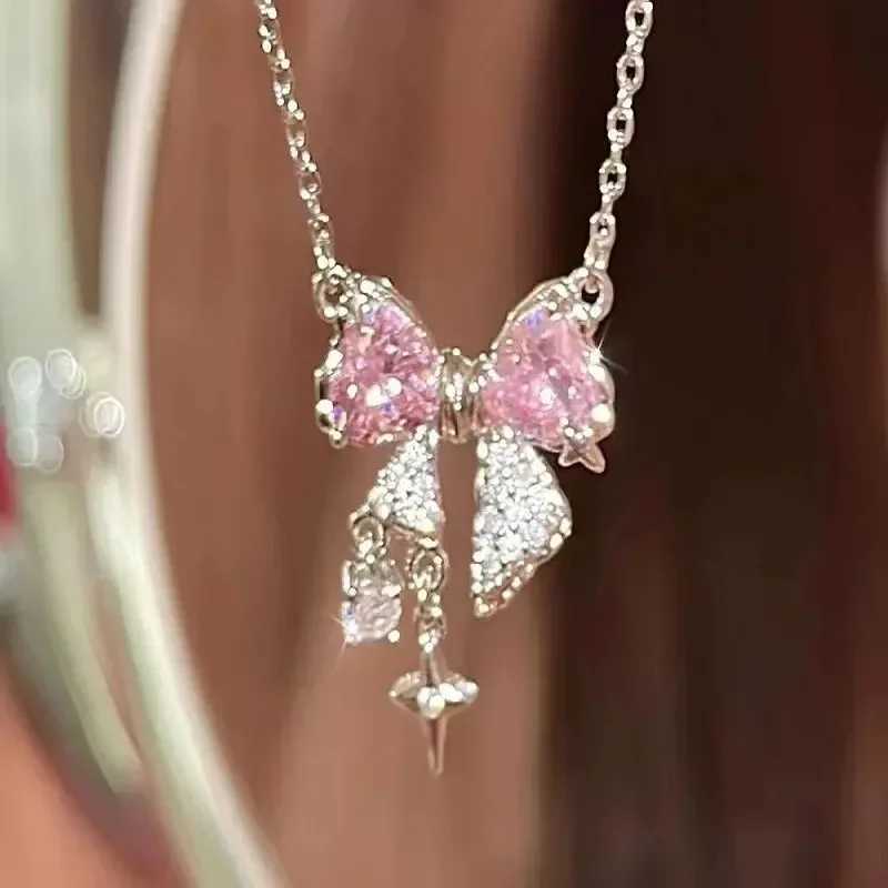 Fashion Fairy Pink Crystal Bow Knot Pendant Necklaces Y2K Girls Sweet Rhinestone Heart Clavicle Chain Women Jewelry Gifts H260403