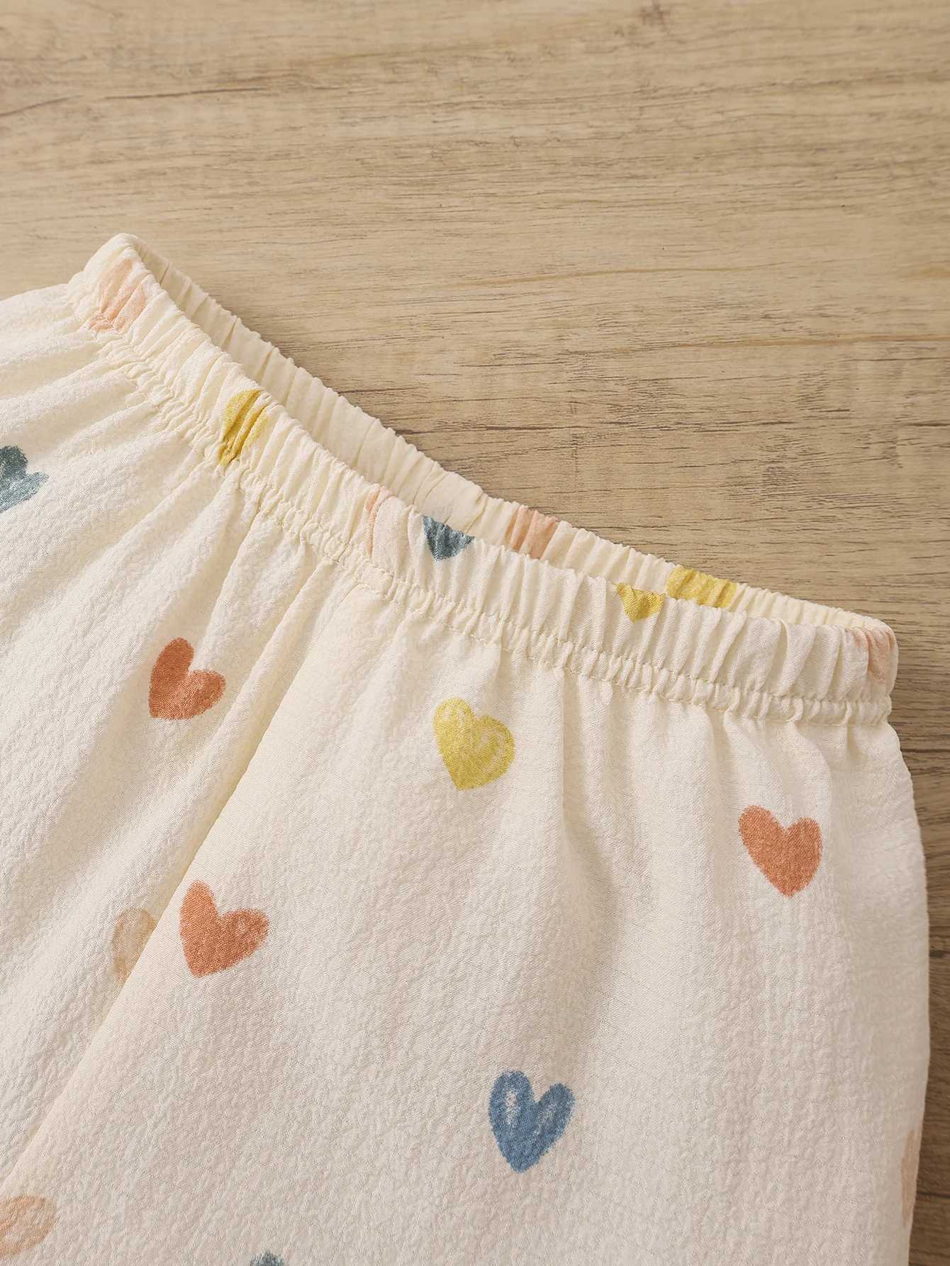2-Piece Set for Girls Summer Cuban Collar Textured Fabric with Heart Print Cute Style Short-Sleeve Shorts Pajamas Loungewear Set H260403