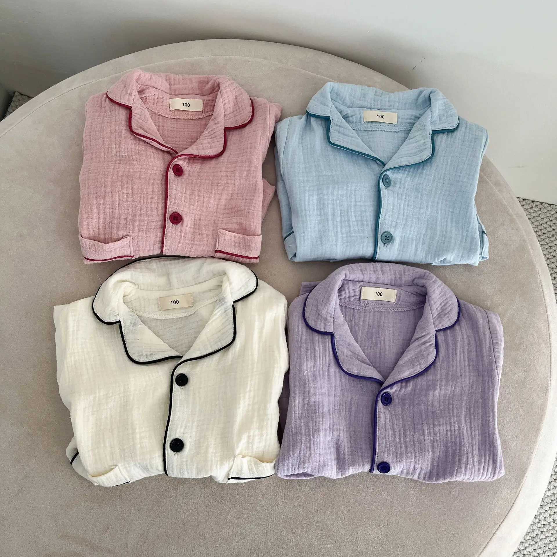 2025 New Childrens Cotton Pajamas Set Soft Loose Boys Girls Clothing Turn-down Collar Button Shirt Trousers 2 Pcs Suit Pijamas H260403