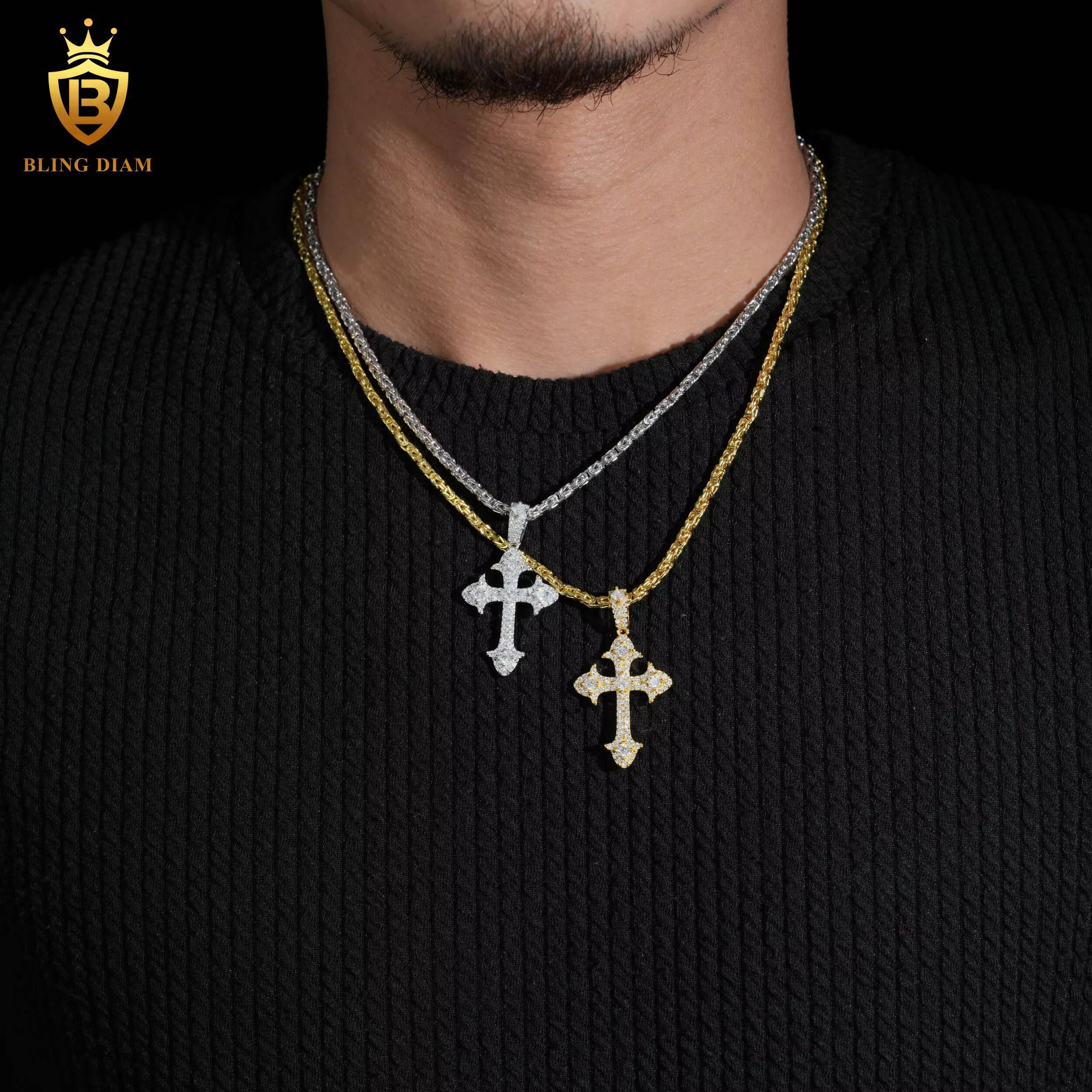 USA Stock Hiphop Cross Pendant Charms Round Brilliant Moissanite Pendant 925 Silver Gold Plated GRA Certified Moissanite Pendant