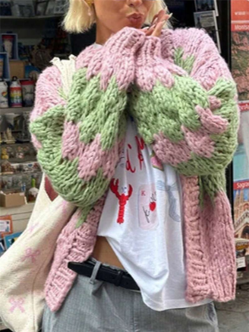 Imcute Women Oversized Cardigan Sweaters Color Block Long Sleeve Chunky Knit Sweaters Coat Y2K Open Front Colorful Cardigans 250903