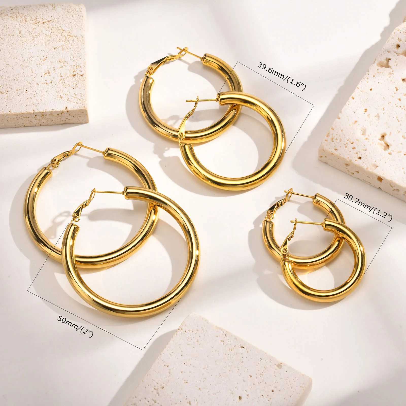 30/40/50mm Circle Hoop Earrings for Women Classic Stainless Steel 18k Gold Plated Minimalist Jewelry Hypoallergenic H260403