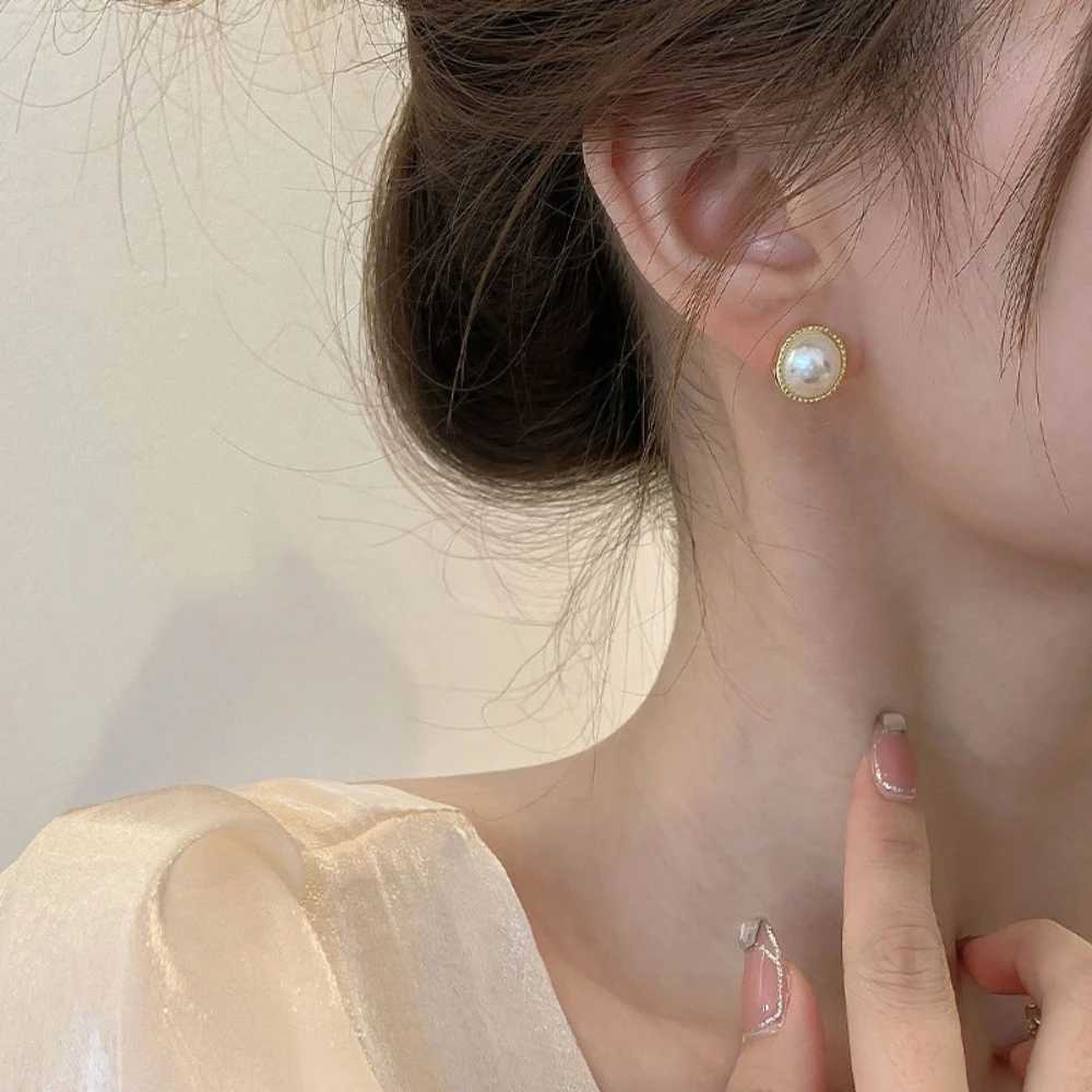Retro Luxury Gold Color Geometry Trim Edge Imitation Pearl Piercing Stud Earrings for Women Bride Wedding Designer Jewelry Gifts H260403