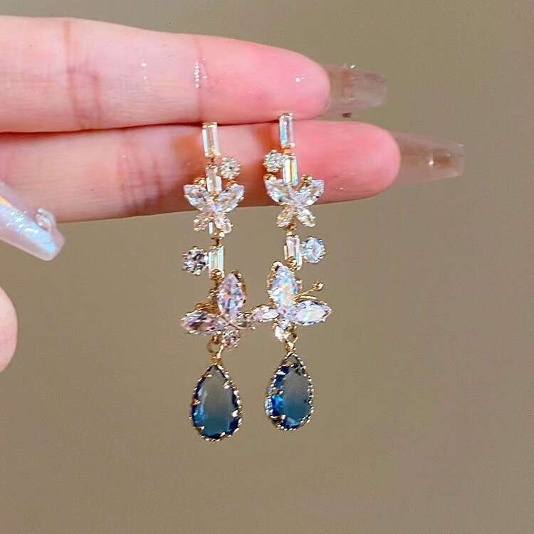 Autumn Winter Blue Water Drop Butterfly Super Fairy High-End Full Diamond Long Earrings Elegant Socialite Style Light Luxury Ear Jewelry