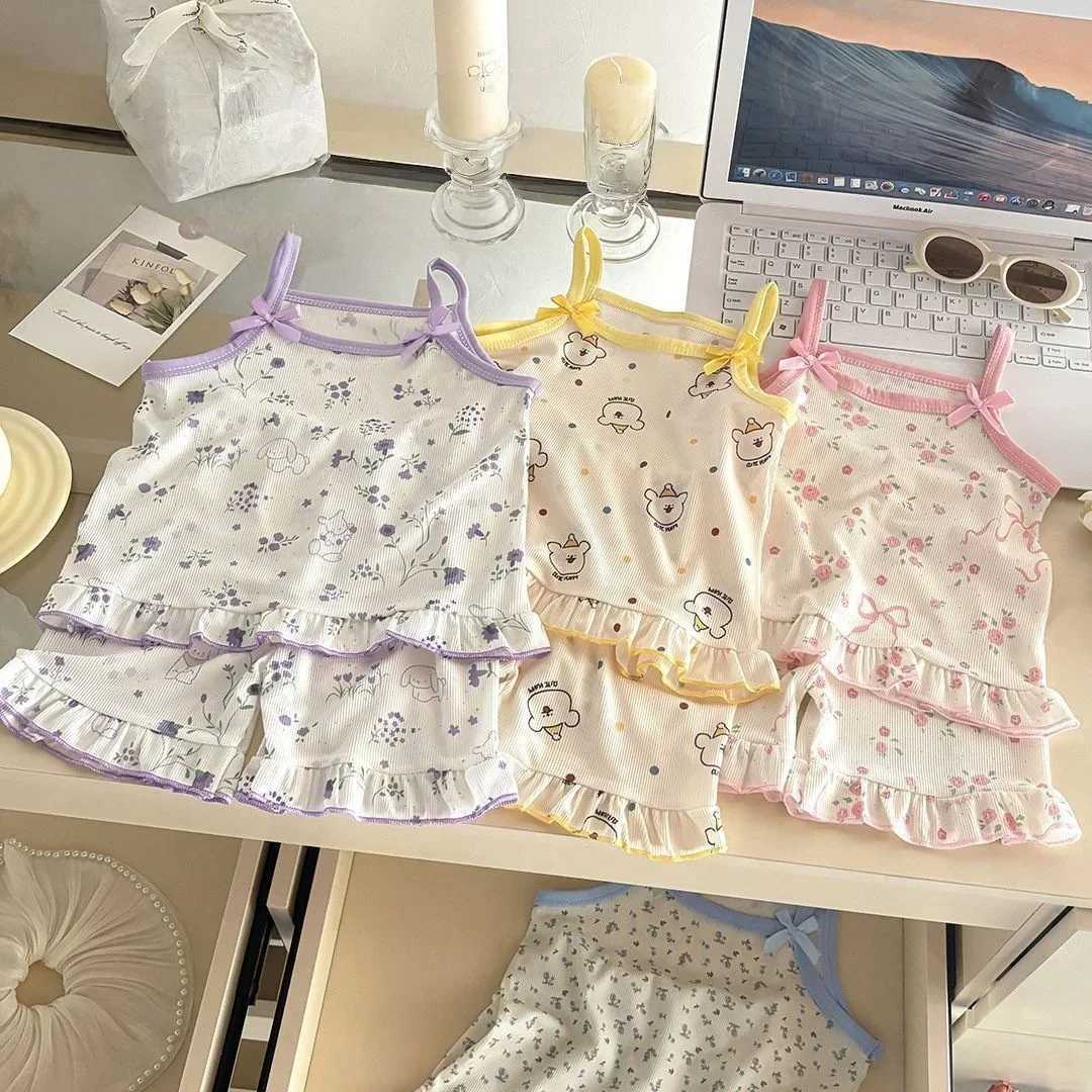 1-7Y Kids Girls Cute Cartoon Pajamas Summer Girls Printed CamisoleShorts Homewear Sets Pattern Soft Sleeveless Children Clothes H260403