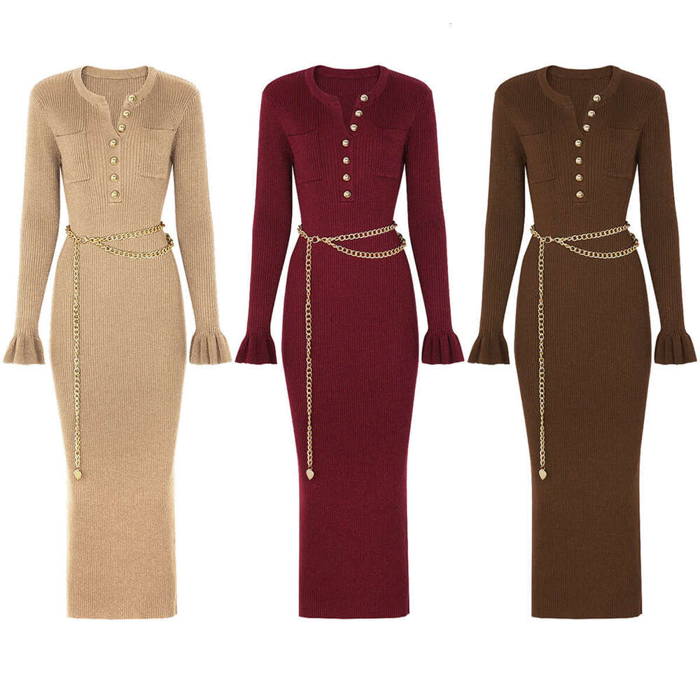 Spring and Autumn New Designer High Quality Fashion Knitted V-neck Slimming Chain Belt k30 Long Sleeve Dress