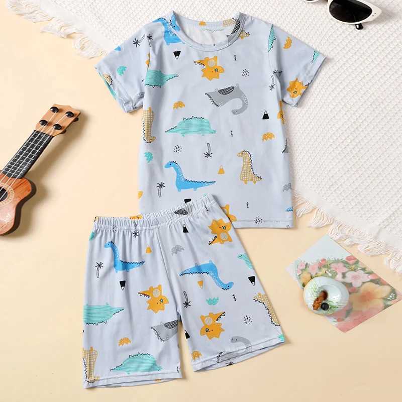 2-pcs Childrens Summer Fashion Print Home Clothes Suit Boy Comfortable Joker Dinosaur Short-sleeved Girl Sweet Pink Shorts Suit H260403