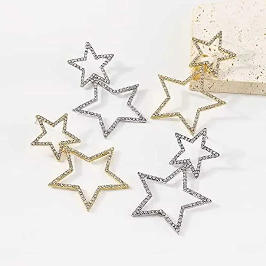 Star Earrings for Women Dangling Siver Color Rhinestone Big Star Earrings Dangle Gold Sparkle Star Drop Earrings Fashion Jewelry H260403