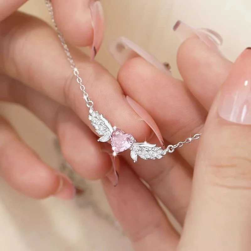 Crystal Angel Wings Pink Heart Pendant Necklaces Y2K Girl Women Heart Clavicle Chain Choker Fashion Jewelry Gifts H260403