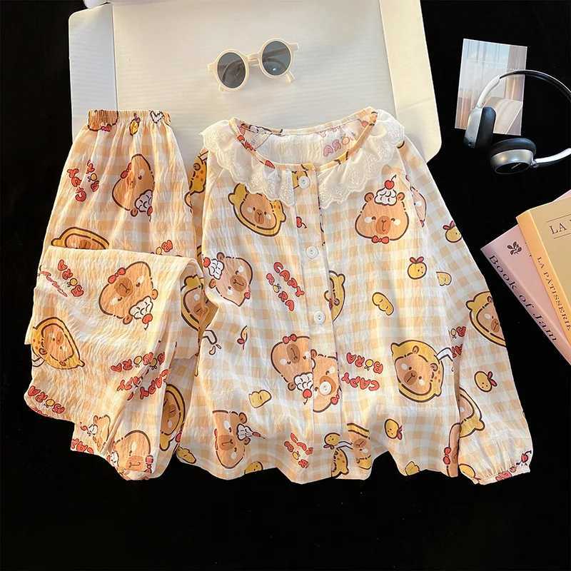 Kawaii Capybara Cartoon Children Pajamas Girls Fashion 2026 Spring Princess Lace Long Sleeves Pants Cotton Student Home Clothes H260403