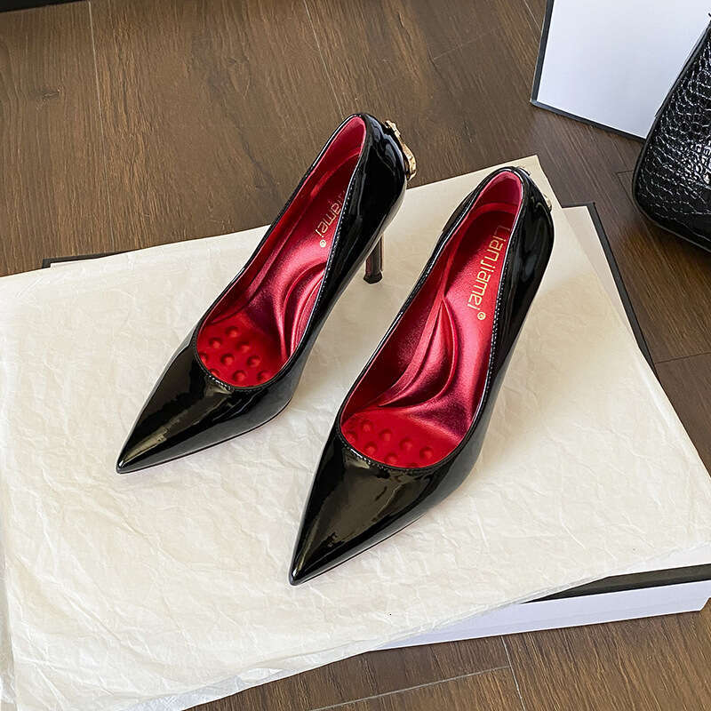 Gold Stiletto High Heels New Model Thin Heel Black Comfortable Printed Red Sole Pointed Toe Patent Leather Shoes