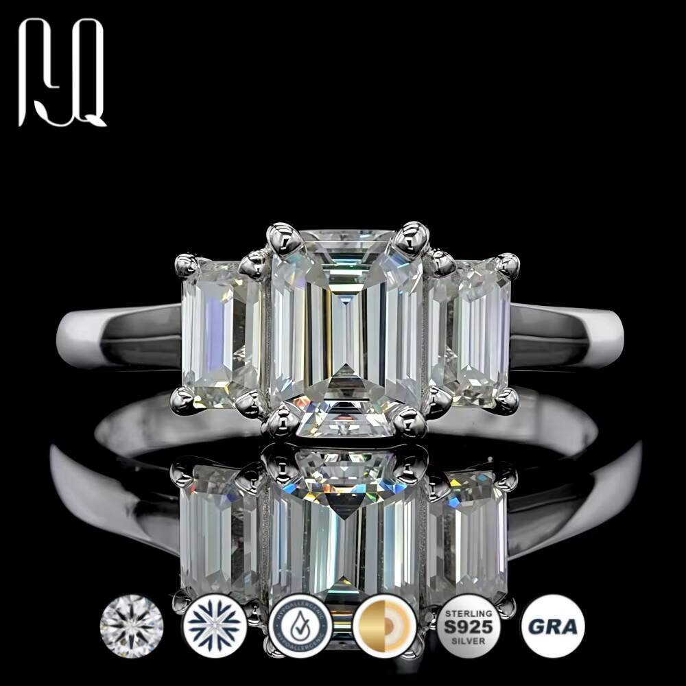 PYQ 16 Ct Emerald Cut Three-stone Moissanite Ring 925 Sterling Silver Wedding Band Factory Direct Wholesale