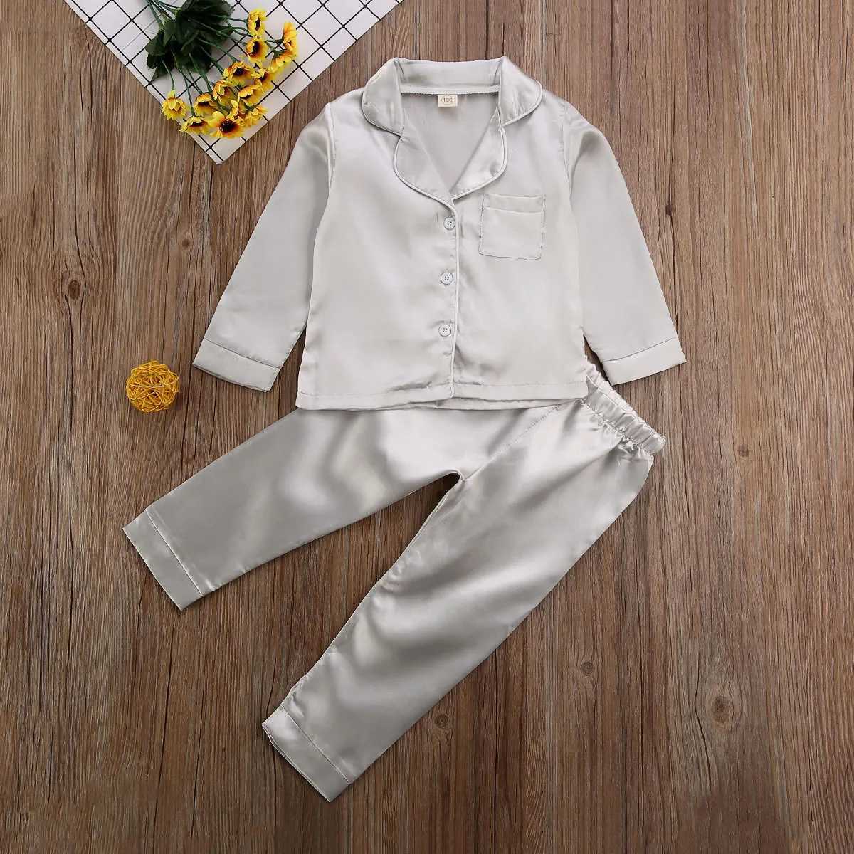 Fashion Baby Kid Girls Satin Autumn Winter Pajamas Set Solid Long Sleeve Button TopsLong Pants 2PCS Outfits Set H260403