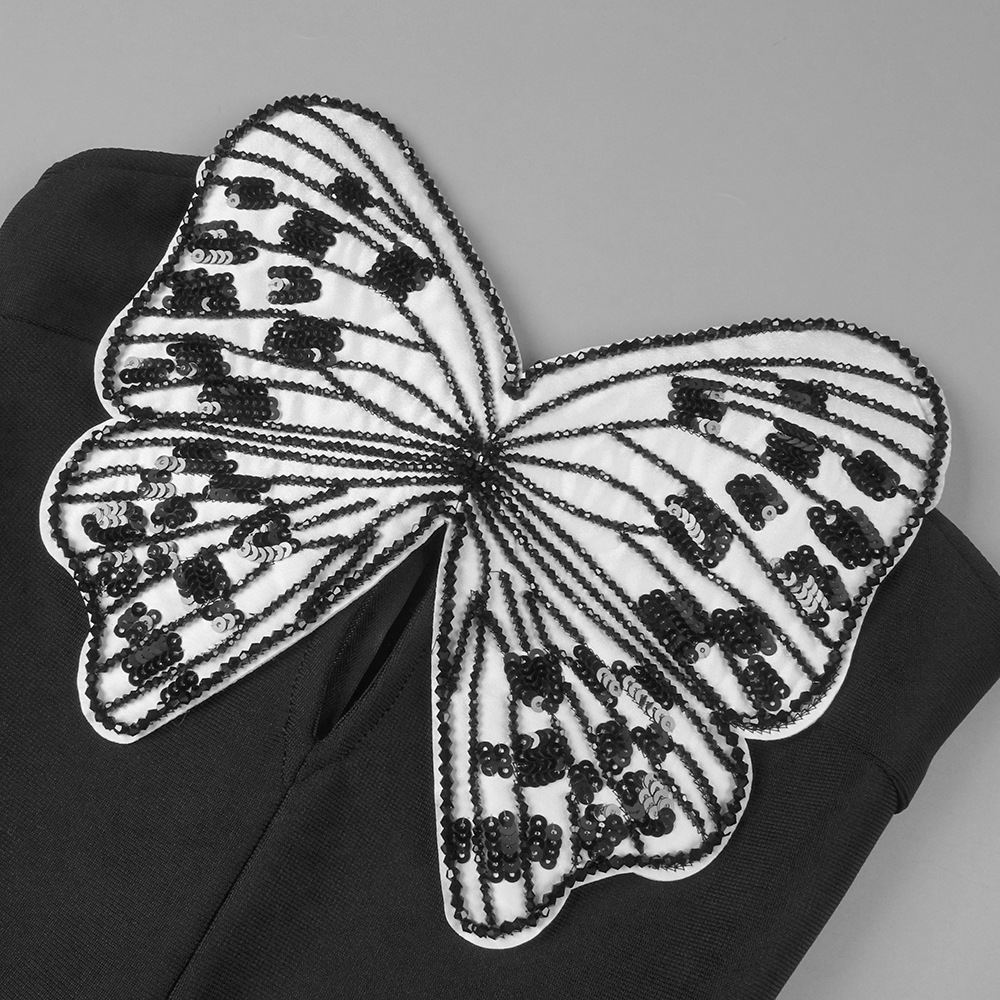 OC810M85 Urban Sexy Dress Strapless Mini Dresses with Butterfly Embroidery Slim Fit Black White High Waist Evening Party Cocktail