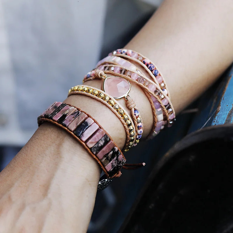 Boho Multistrand Stone Leather Wrap Bracelet Five Wrap Stackable Handmade Bracelets Vintage Statement Jewelry Bijoux 260318BJ - view 4