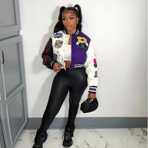 Racing Color Contrast Bomber Coat Women Printed Thread Letter Baseball Jacket Spring Single Breasted Cropped Y2K Streetwear 250213