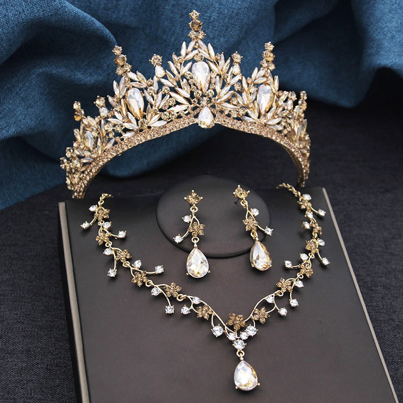 Baroque Wedding Crown for Bride 3-pack Tiara Earrings Necklace Bridal Jewelry Set Champagne Crystal Costume Party Birthday Gift 260318BJ - view 4