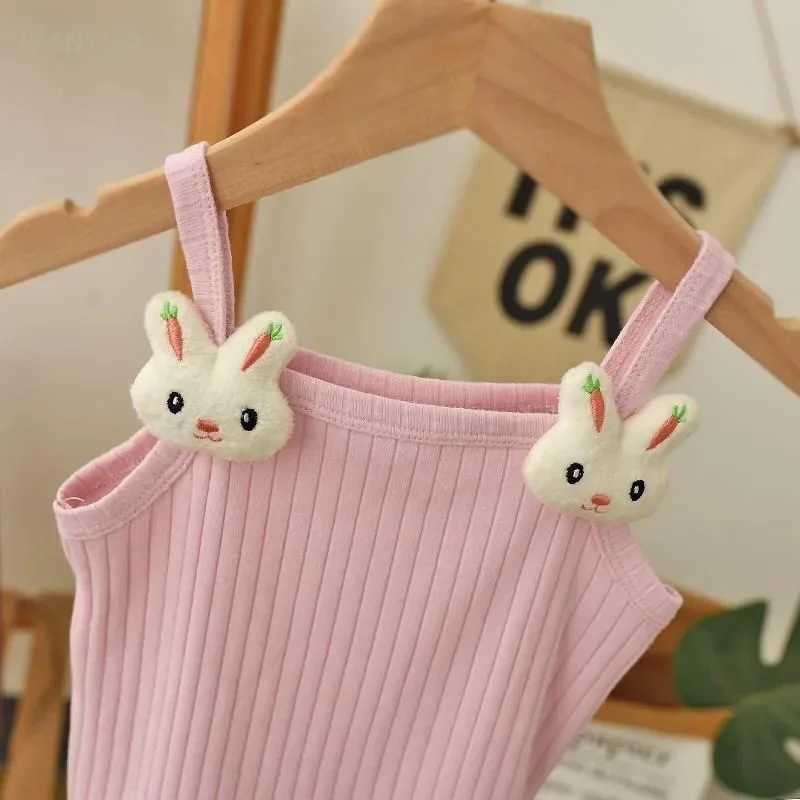 1-8Y Childrens Knitted Sling Top Sleeveless Short T-Shirts 2025 Summer Thin Base Suspenders Girls Baby Rabbit Mushroom Tops H260403