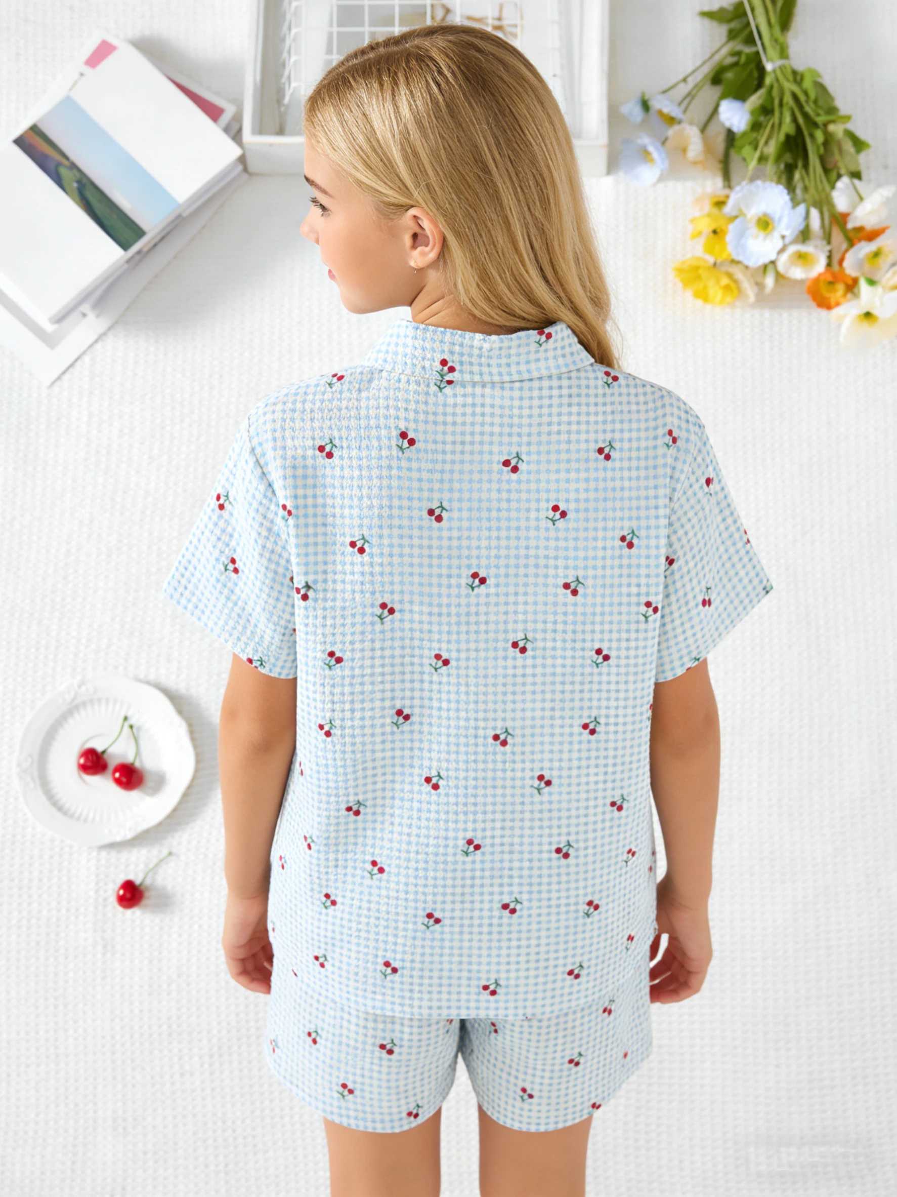 Girls Pajama Home Wear Set Cherry Short Sleeve Pajamas and Shorts Perfect for Summer Sleepover Parties and Nighttime Wear H260403