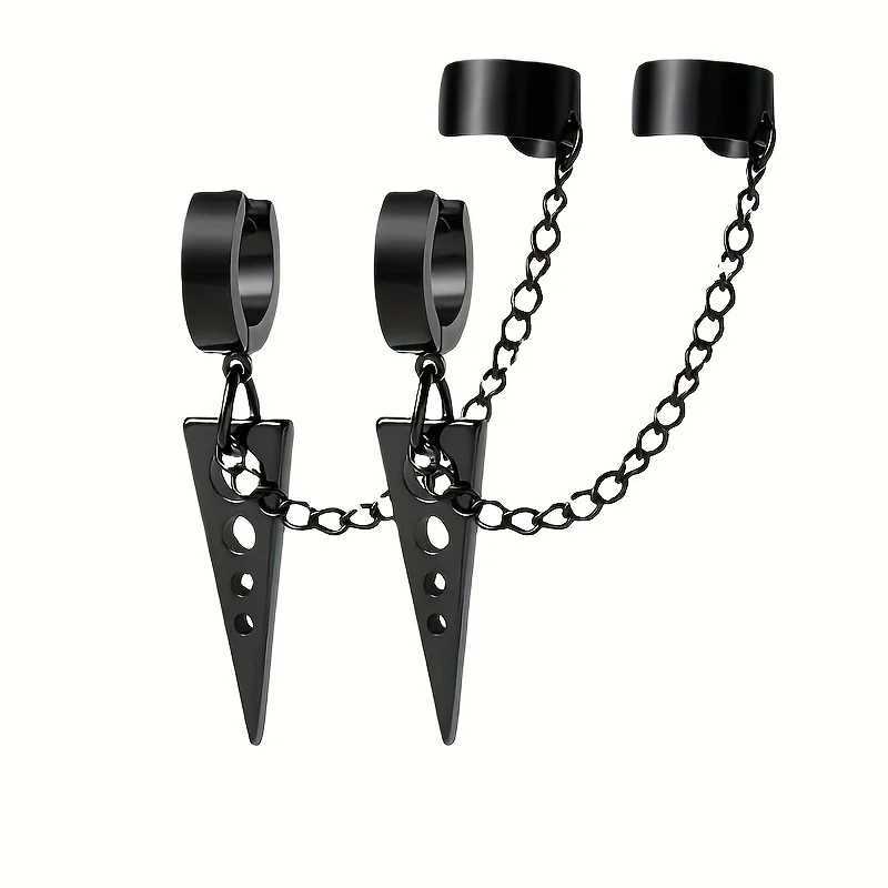 2pcs Unisex Stainless Steel Punk Men Clip on Earrings Geometry Triangle Chain Pendant Dangle Hoop Earrings Women Gothic Jewelry H260403