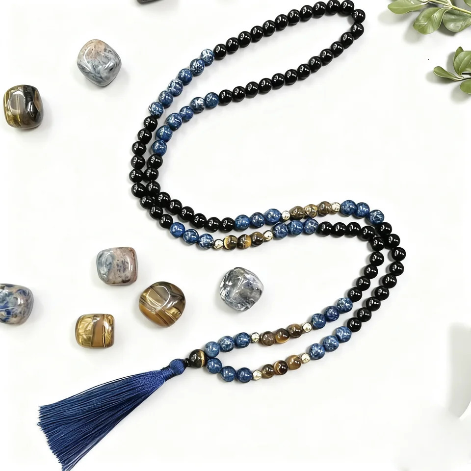 8mm Tiger Eye Stone Black Onyx 108 Mala Beads Necklace Meditation Prayer Rosary for Men and Women 260402